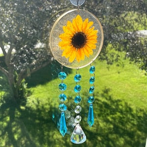 Sunflower Crystal Suncatcher, Hippie Housewarming Gift, Dreamcatcher Garden Window Decor, Wall Hang, Rainbow Light Maker, Real Dried Flower