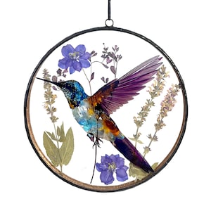 Real Pressed Dried Flower Stained Glass Hummingbird Suncatcher, Gifts, Wall Art, Window Hanging, Indoor Decor, Sun Catcher