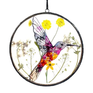 Real Dried Flowers and Hummingbird Stained Glass Suncatchers Mother's Day Gifts