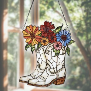 Flowers And Cowboys Boots Acrylic Suncatcher Window Hanging, Flowers Ornament, Gift For Flowers Lovers, Hippie Gifts For Her
