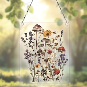 Flowers and Mushroom Acrylic Suncatcher, Pressed Dried Flowers Inspired Ornament Window Hangings, Home Decor Gift For Botanical Lovers