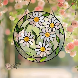 Elegant Yellow & White Daisy Stained Glass Suncatcher, Flower Glass Art, Window Decoration, Home Decor, Memorial Suncatcher, Gift For Women