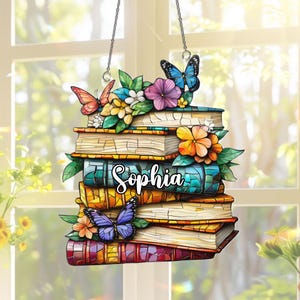 Flower Book Suncatcher ACRYLIC Window Hanging, Book Lover Gift, Book Club Gift, Book Lover Suncatcher, Book Reader Gifts, teacher book gift