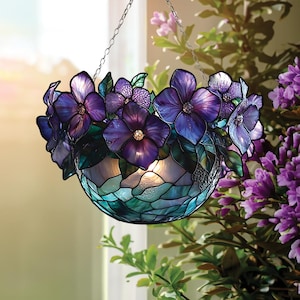 Hanging Purple Flower Basket Suncatcher, Acrylic Window Art with Light Center and Leaves, Nature-Inspired Gift for Floral Home Decor