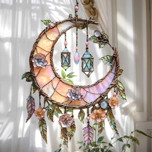 Crescent Moon Faux Stained Glass Acrylic Suncatcher With Lanterns And Flowers Window Hanging Boho Celestial Decor Gift For Women