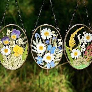 Suncatcher, stained glass panel, pressed flower art, set of 3