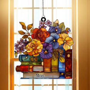 Custom Flowers Book Acrylic Suncatcher Window Hanging – Floral Reading Lover Window Art, Unique Bookworm Gift or Personalized Home Décor