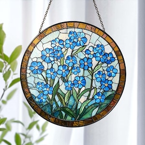 Suncatcher Forget Me Not, Blue Flowers Glass Decor, Light Catcher for Window, Memorial Gift, Floral Stained Glass Ornament, Gift for friend